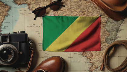 Republic of the Congo flag lies on the map surrounded by camera, glasses, travel and tourism concept