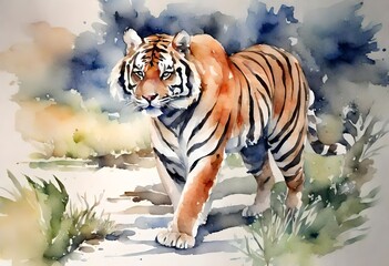 tiger in the woods watercolour painting  - obrazy, fototapety, plakaty
