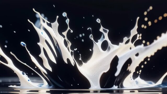 White Ink splashes on black background. Seamless loop background.