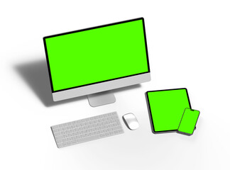 3D Render of smartphone tablet desktop with green screens on a transparent background