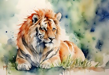 Lion in the wild watercolour paintin 