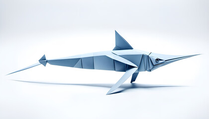 Schwertfisch, Marlin mit Schwert Fisch in geometrischen Formen, wie 3D Papier in weiß Origami Falttechnik Tier Logo Vorlage wildlebende Tiere, Ozean, Meer, Karibik, Jäger, Wildnis Einzelgänger