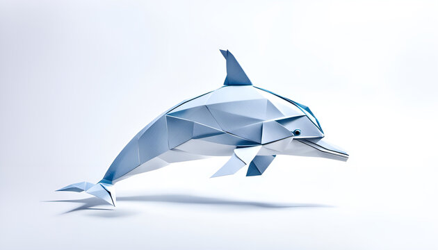 schwimmender Delphin mit Flossen in geometrischen Formen, wie 3D Papier in wei&szlig; Origami Falttechnik Tier Logo Vorlage wildlebende Tiere, Ozean, Meer, Karibik, J&auml;ger, Wildnis Schule Gruppentier