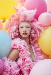 Fototapeta na wymiar A joyous mother embraces her pink-haired daughter, surrounded by pastel balloons and party supplies, celebrating the arrival of their precious newborn girl