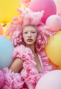 A joyous mother embraces her pink-haired daughter, surrounded by pastel balloons and party supplies, celebrating the arrival of their precious newborn girl