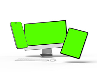 3D Render of smartphone tablet desktop with green screens on a light background