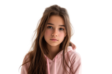 Contemplative Teenage Girl in Pink Hoodie with a Subtle Smile Isolated on a Transparent  Background