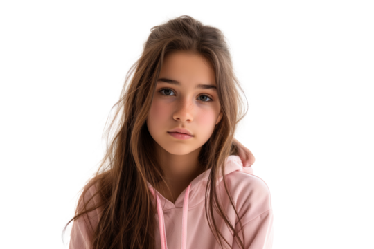 Contemplative Teenage Girl in Pink Hoodie with a Subtle Smile Isolated on a Transparent  Background - Powered by Adobe