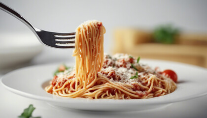 Italian spaghetti dipped in fork, isolated white background
 - obrazy, fototapety, plakaty