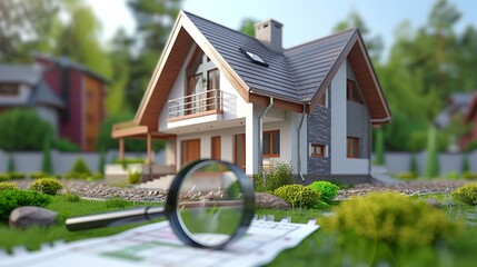 Exploring the rental housing market with magnifying glass near a small residential building.