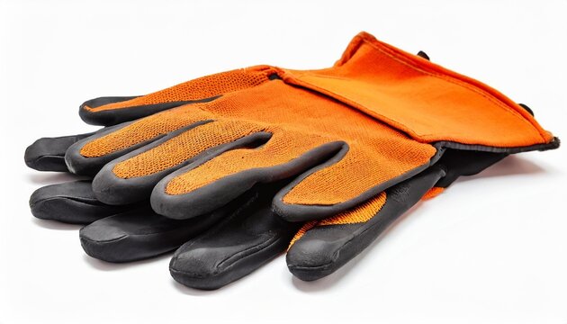 New Nylon Orange Work Gloves With Black Latex Coating Lying On Top Of Each Other With The Working Side Up Isolated On White Background