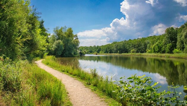 summer landscape photography of a small lake and path