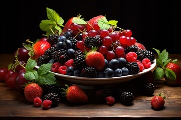 Plate fruits berries. Meal dinner tasty. Generate AI