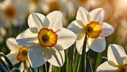 a large number of narcissuses look brightly and contrastly in beams of the morning sun