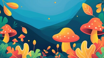 Fototapeta na wymiar Colorful Vector Illustration: Mushrooms, Leaves, and Rolling Hills in Blue, Yellow, and Orange