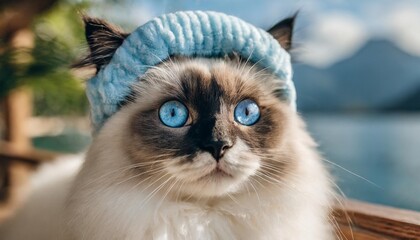 portrait of cute ragdoll cat with big beautiful blue eyes and black face wearing funny panda hat