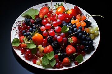 Juicy Plate fruits berries. Meal dinner tasty. Generate AI