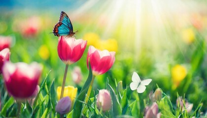 beautiful meadow field with tulips flowers and butterfly in the rays of sunlight in summer in the spring perfect natural landscape a picturesque artistic image with a soft focus illustration