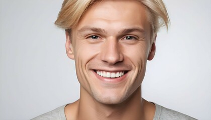 a closeup photo portrait of a handsome blonde scandinavian man smiling with clean teeth for a...