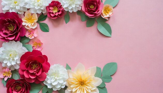 paper flowers frame on pink background with copy space for text or image