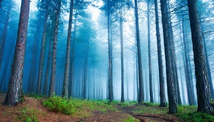 pine forest in blue fog