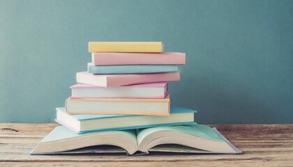 pile of pastel colored books stuck on top of each other studying reading teaching concept