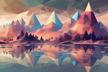 Fototapete Berge colorful geometric mountain with lake