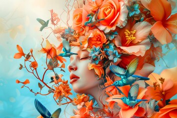An ethereal masterpiece capturing the delicate beauty of a woman adorned with vibrant roses and surrounded by a flock of birds, blending art and nature in a stunning floral still life