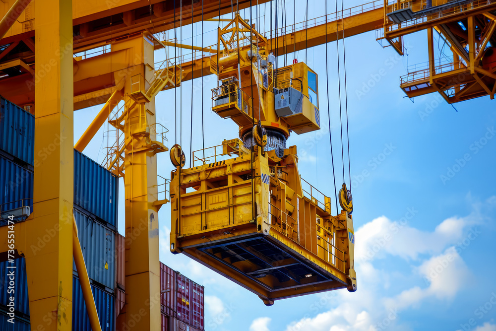 Poster crane with a yellow color and a machine shape and a container overlay on the hook