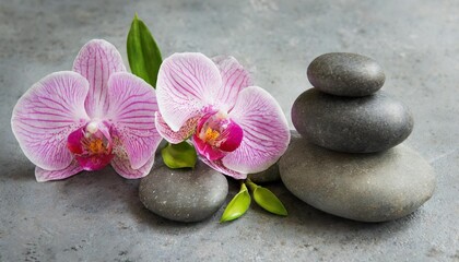 Fototapeta na wymiar spa stones and pink orchid flowers on gray background