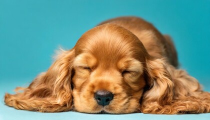 happy english cocker spaniel puppy dog sleeping on isolated on blue cyan background