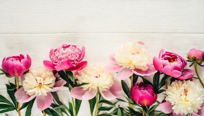 border frame made of pink and beige peonies flower and isolated on white background flat lay top view frame of flowers