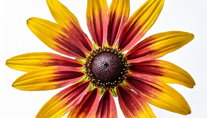 one beautiful colorful rudbeckia flower close up top view on a white isolated background - obrazy, fototapety, plakaty