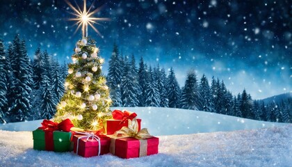 christmas tree and gift boxes on snow in night with shiny star and forest winter abstract landscape