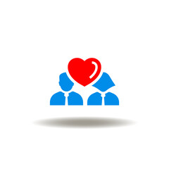 Vector illustration of business man and woman with heart. Icon of job satisfaction. Symbol of love.
