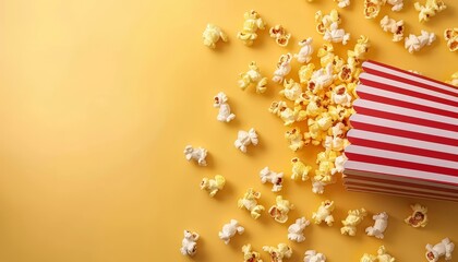 Obraz premium Delicious popcorn spilling from red striped box on pastel yellow background with space for text.