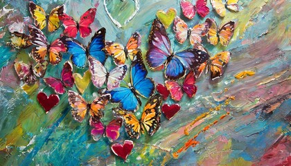 Fototapeta na wymiar abstract background for valentine s day oil paints colorful paint strokes in the shape of hearts and bright tropical morpho butterflies