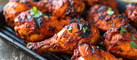 Indian barbecue chicken prepared by roasting marinated chicken in yogurt and spices.