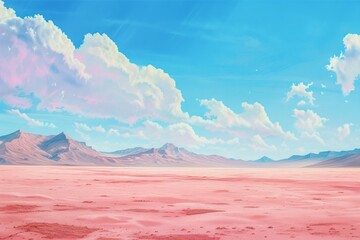 A breathtaking painting captures the vastness of a tundra landscape, with towering mountains piercing through the endless blue sky and wispy clouds, evoking a sense of awe and wonder for the beauty o