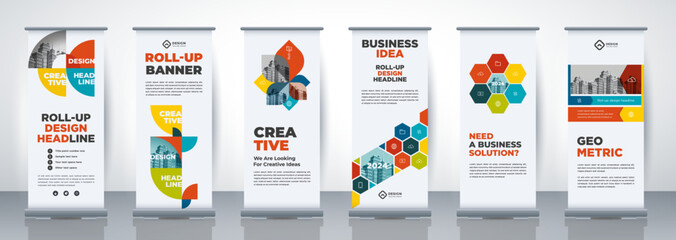 Vector set of modern roll Up Banner stand design. Brochure for exhibition, fair, show, fest.