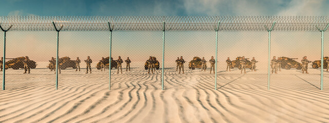 Desert Sentinels: Military Formation Poised Against a Ripple of Sand Dunes - obrazy, fototapety, plakaty