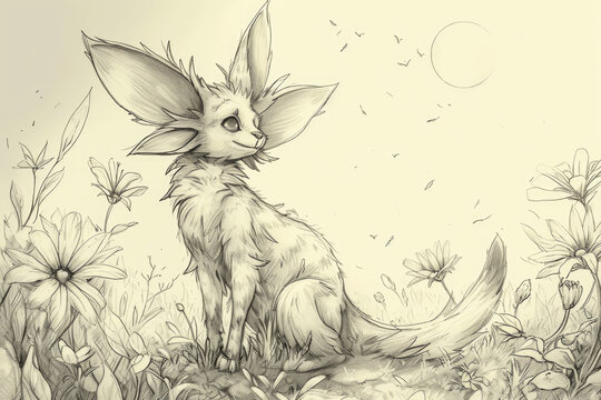 drawing of an animal with big ears and a long tail. The animal is standing in a field of flowers, and the sun is shining in the sky