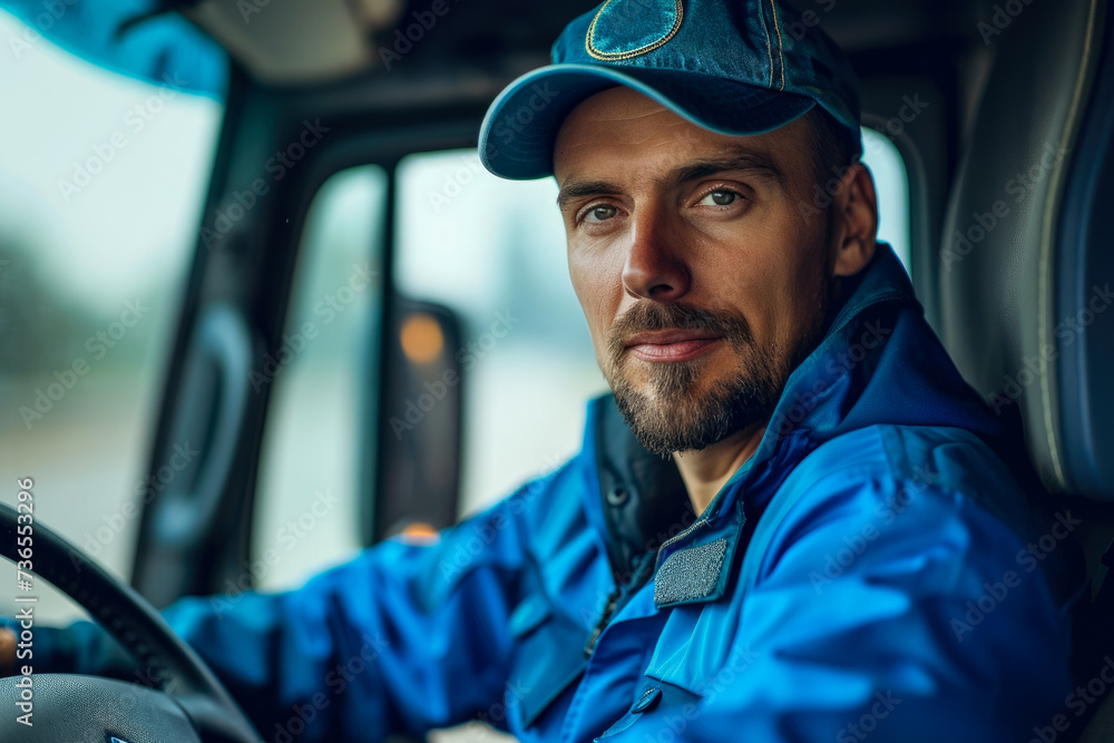 Poster driver with a blue color and a uniform shape and a freight overlay on the badge