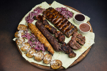 Delicious meat dishes in a restaurant or pub. Close-ups