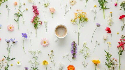 Flat lay photograph of wild flowers on a white background and a cup of coffee in the center.
