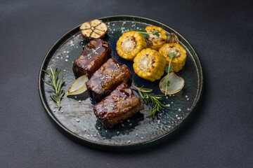Delicious meat dishes in a restaurant or pub. Close-ups