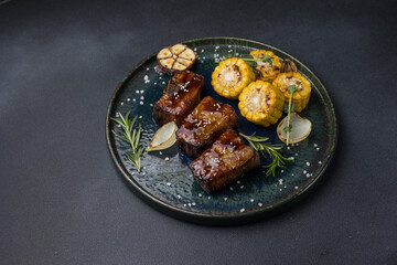 Delicious meat dishes in a restaurant or pub. Close-ups