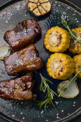 Delicious meat dishes in a restaurant or pub. Close-ups
