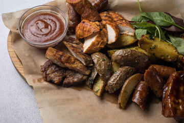 Delicious meat dishes in a restaurant or pub. Close-ups