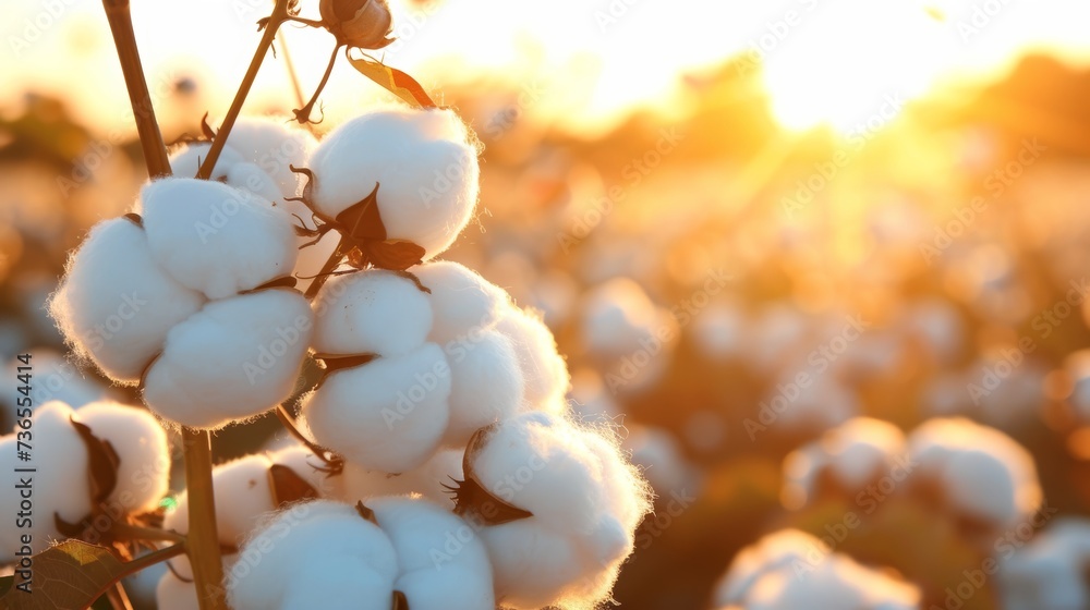 Poster macro shot of cotton balls on a branch under sun rays in a summer field with ample space for text